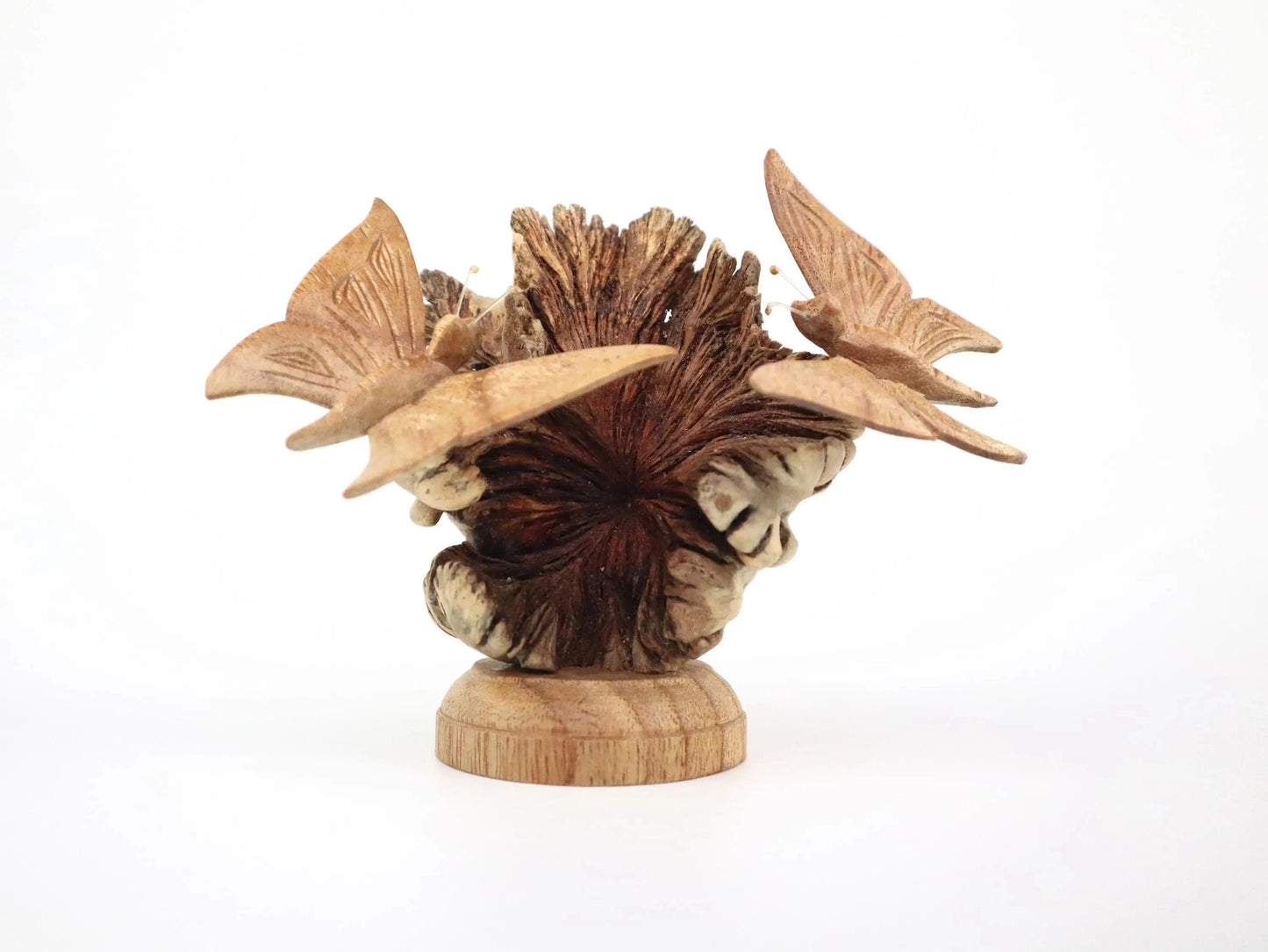 Hand-Carved Wooden Butterfly Pair on Natural Pine Cone - Freestanding Rustic Decor