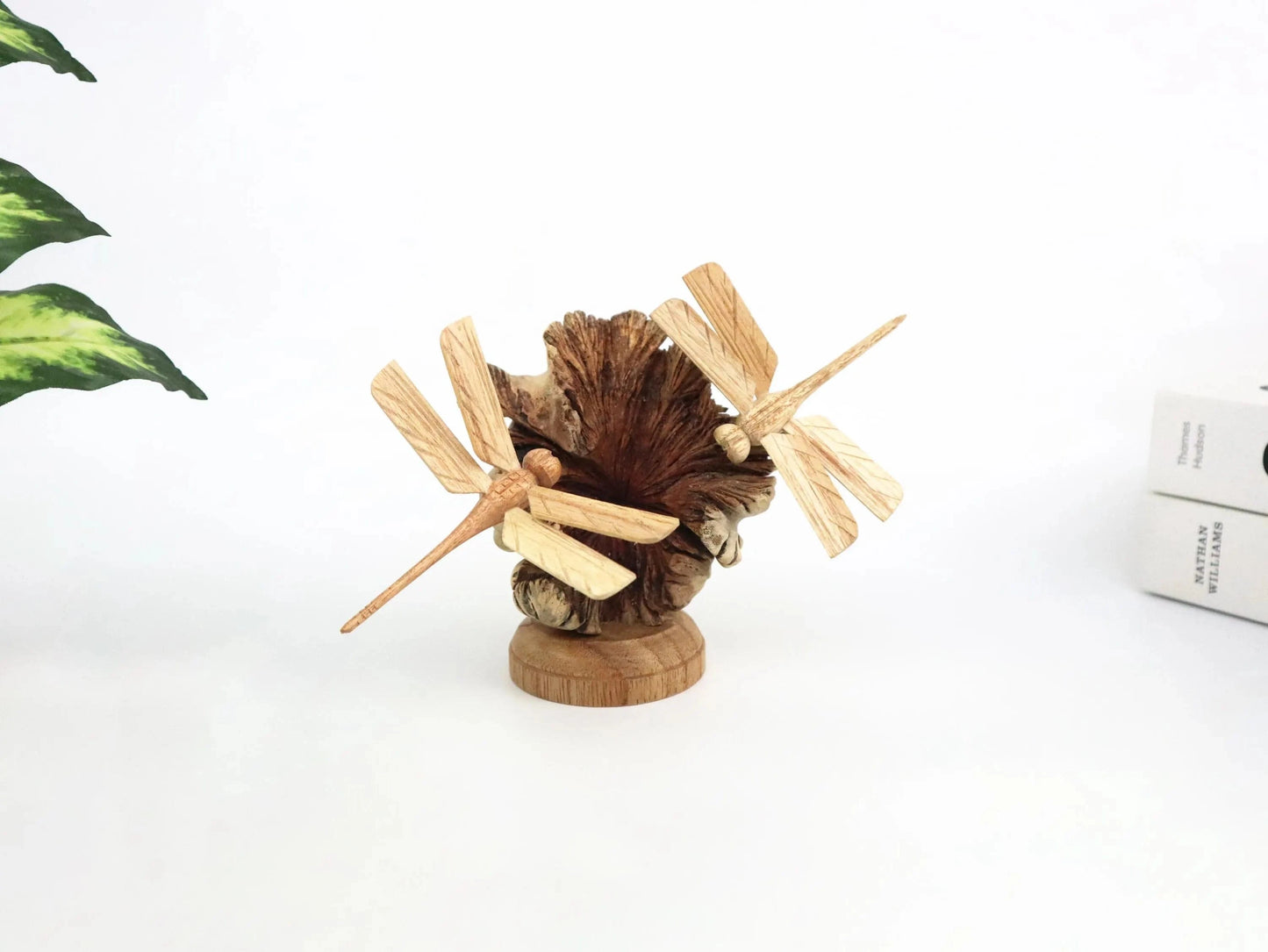 Hand-Carved Wooden Dragonfly Pair on Natural Pine Cone - Freestanding Rustic Decor