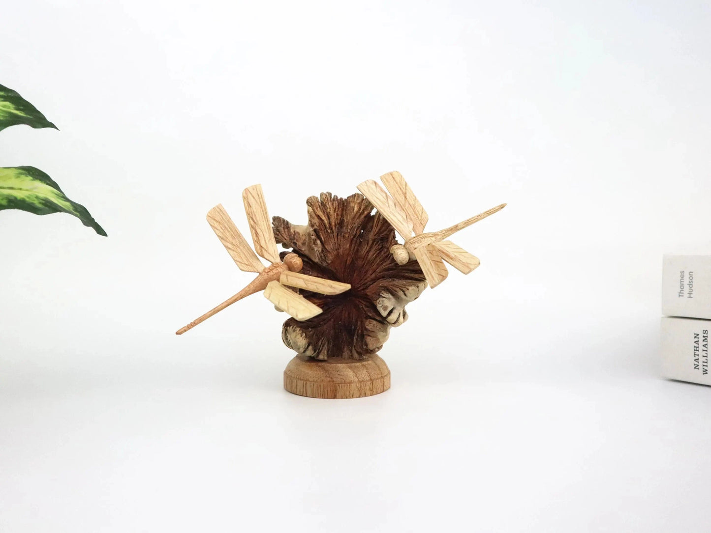 Hand-Carved Wooden Dragonfly Pair on Natural Pine Cone - Freestanding Rustic Decor