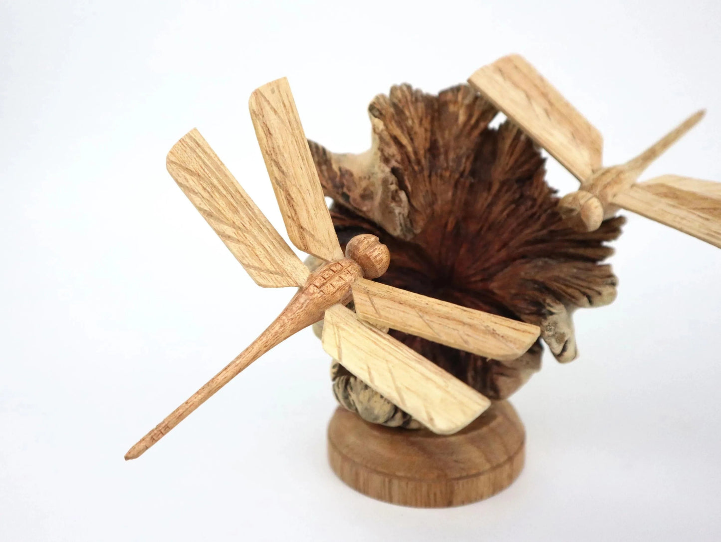 Hand-Carved Wooden Dragonfly Pair on Natural Pine Cone - Freestanding Rustic Decor