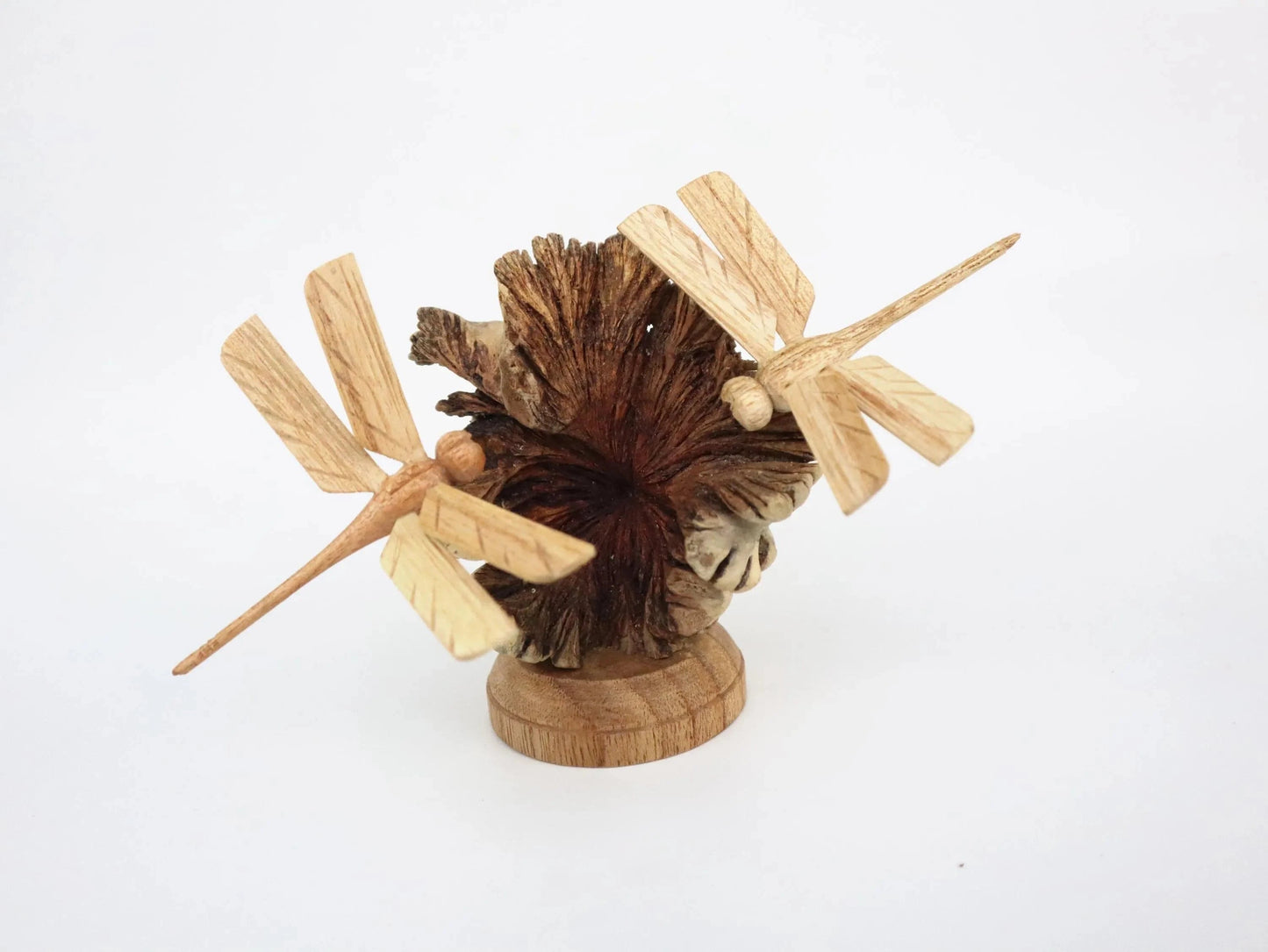 Hand-Carved Wooden Dragonfly Pair on Natural Pine Cone - Freestanding Rustic Decor
