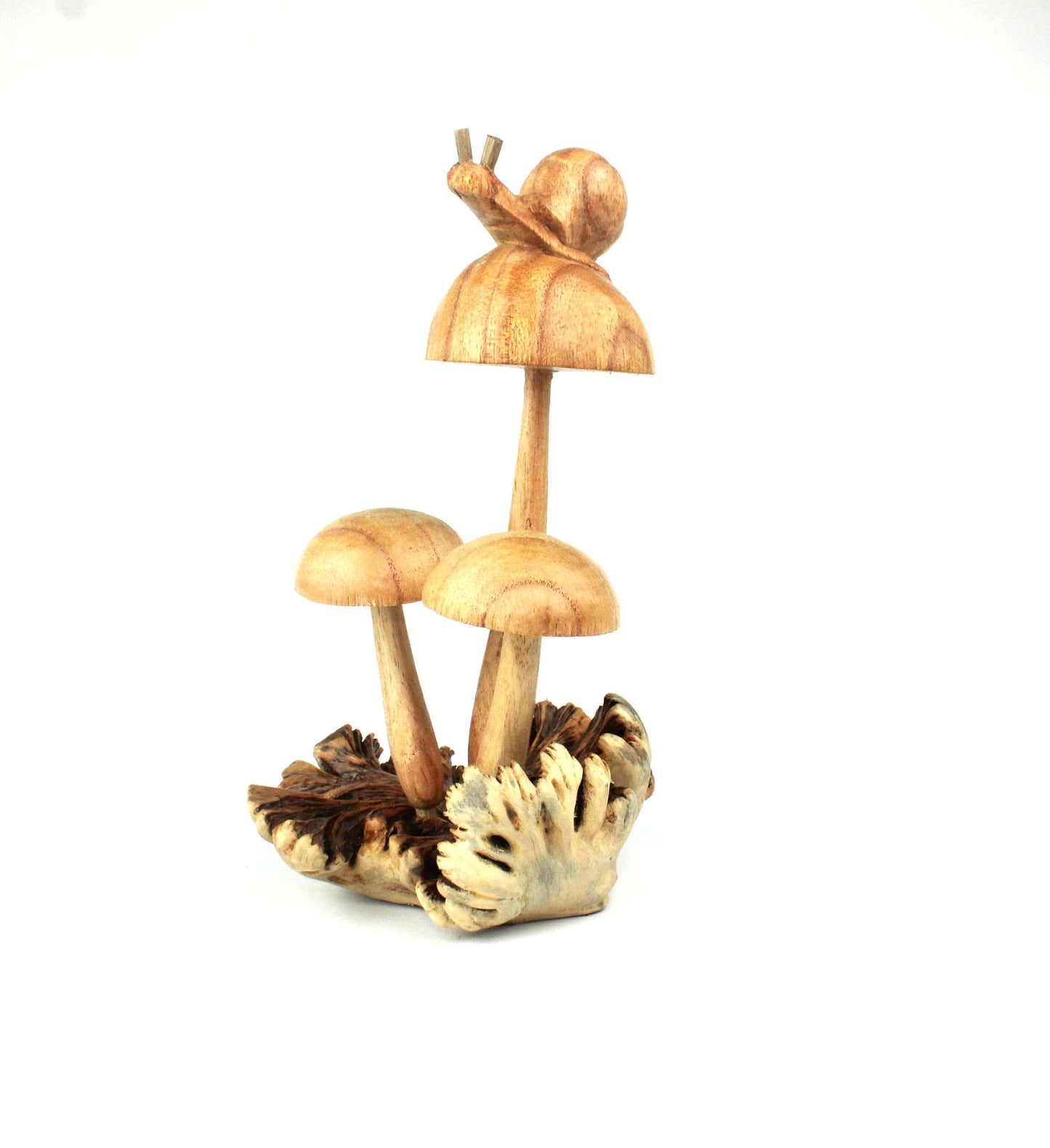 Hand-carved natural wooden sculpture featuring three mushrooms and a snail on top, with an intricate wood root base, whimsical forest decor.