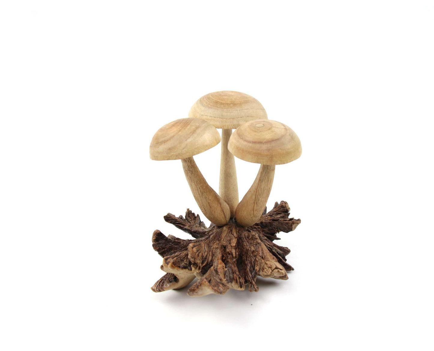 Hand-carved natural wooden sculpture with three smooth mushroom caps on a textured dark wood root base, rustic woodland decor.