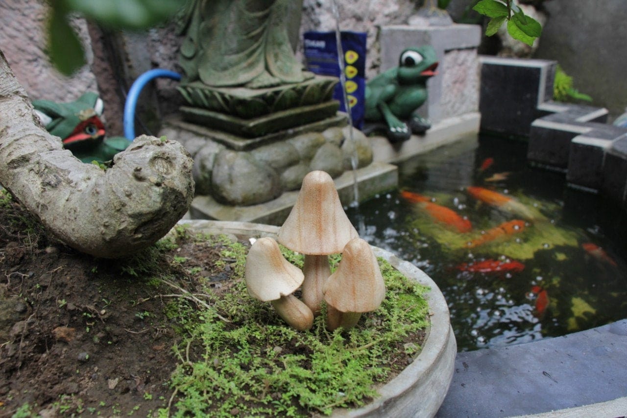 Set of three hand-carved natural wooden mushroom stakes in a green mossy planter beside a koi pond with a frog statue, garden decor.