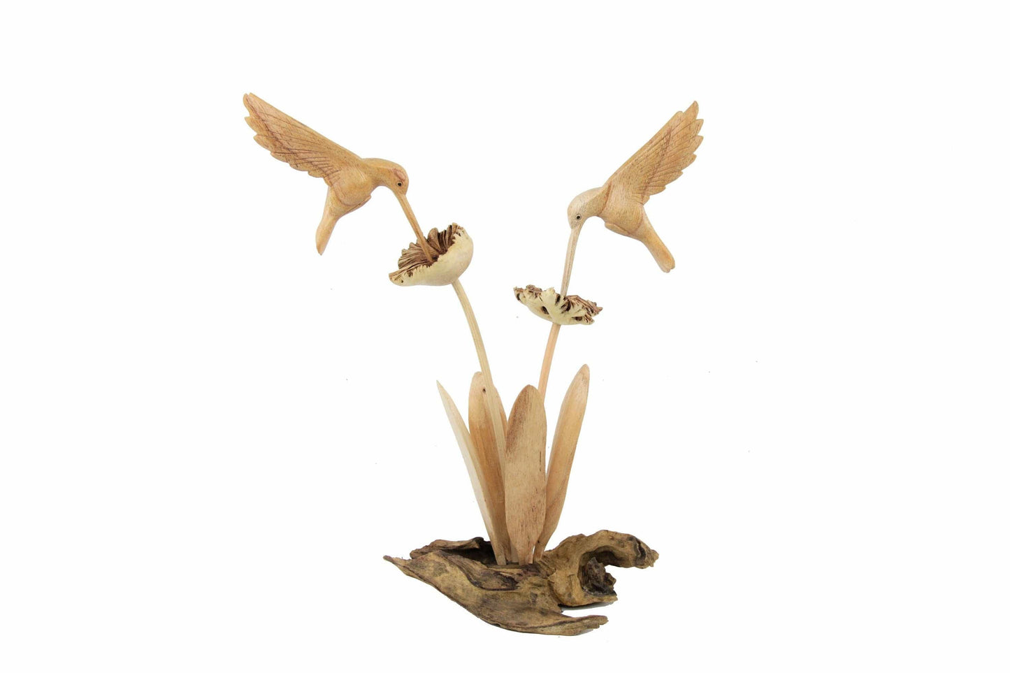 Couple Hummingbird Wooden Sculpture on Flower