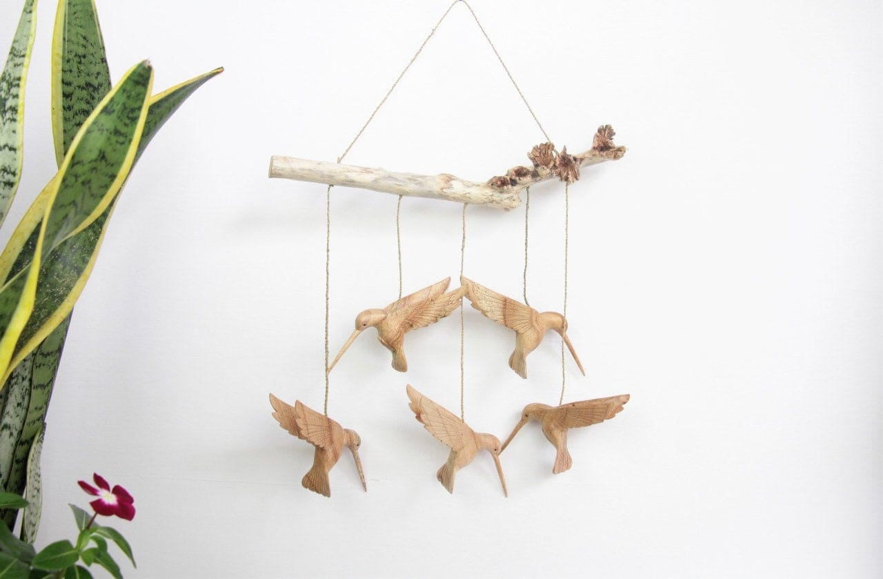 Hand-Carved Wooden Hummingbird Mobile - Hanging Woodland Art