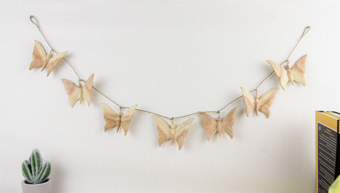 Hand-Carved Wooden Butterfly Garland - Rustic Insect Wall Decor
