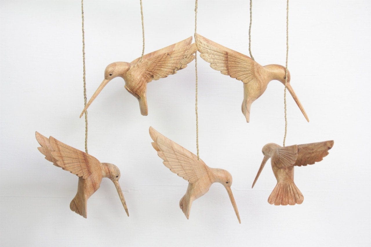 Hand-Carved Wooden Hummingbird Mobile - Hanging Woodland Art
