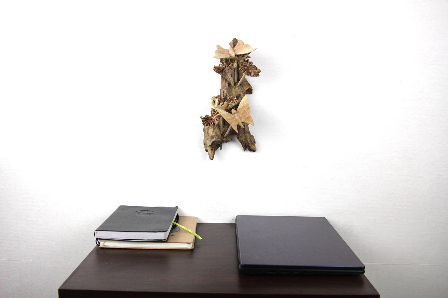 Hand-Carved Natural Wood Butterfly & Flower Sculpture - Vertical Woodland Wall Art