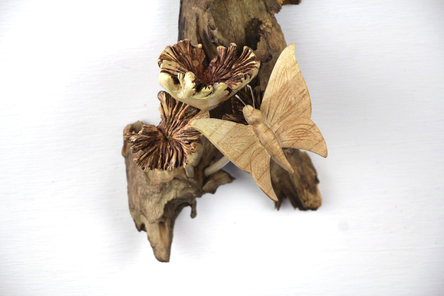 Hand-Carved Natural Wood Butterfly & Flower Sculpture - Vertical Woodland Wall Art