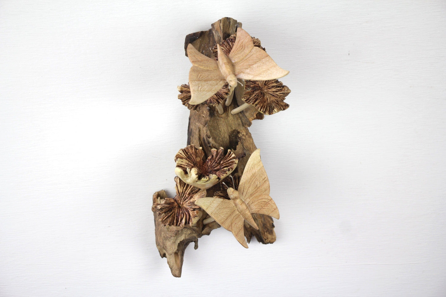 Hand-Carved Natural Wood Butterfly & Flower Sculpture - Vertical Woodland Wall Art