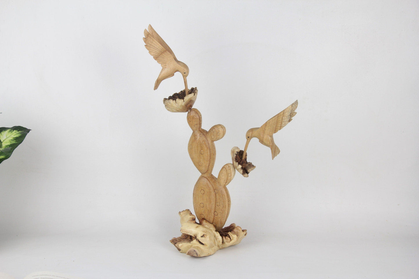 Handmade Wooden Cactus with Wooden Hummingbird