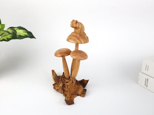 Hand-carved wooden mushroom sculpture with animal head on natural driftwood base – Bali decor