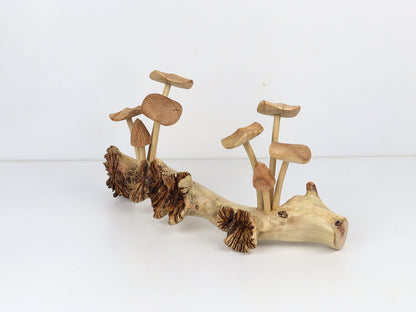 Hand-Carved Natural Wood Fanned Mushroom Log Sculpture - Horizontal Woodland Display