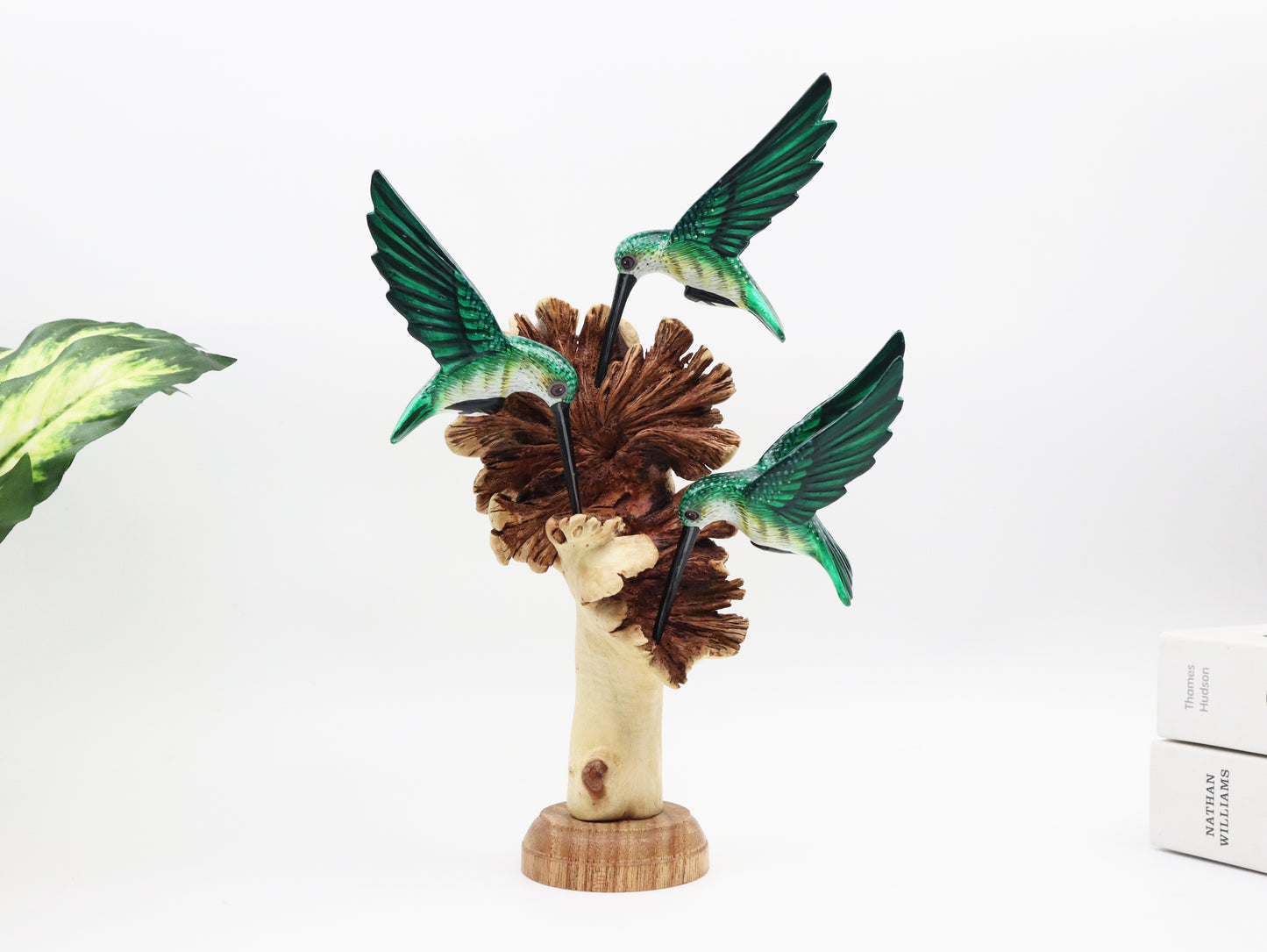 Green Painted Triple Hummingbird Sculpture – Hand-Carved Wooden Bird Art
