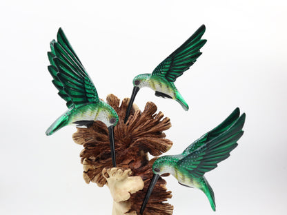 Green Painted Triple Hummingbird Sculpture – Hand-Carved Wooden Bird Art