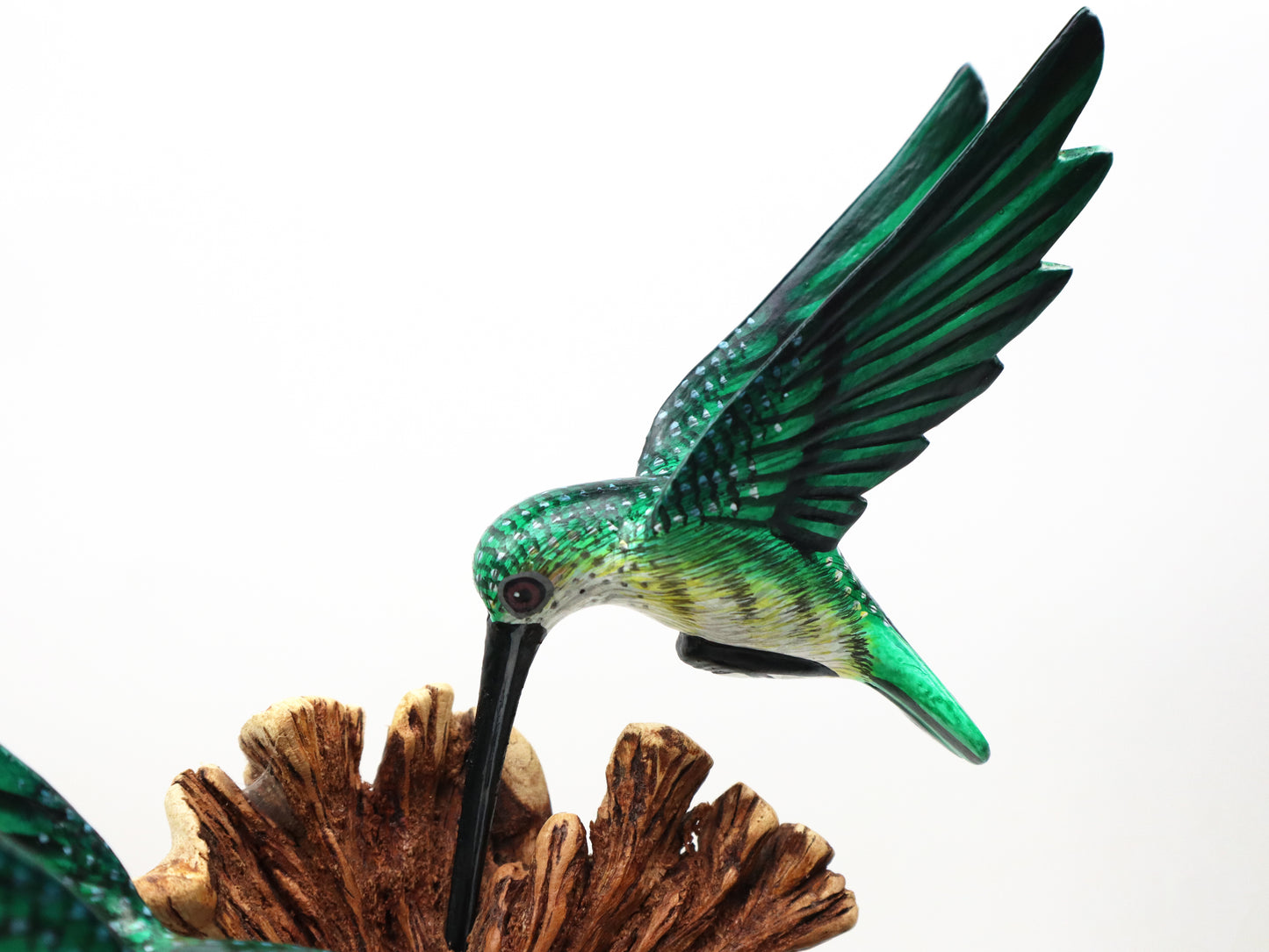 Green Painted Triple Hummingbird Sculpture – Hand-Carved Wooden Bird Art