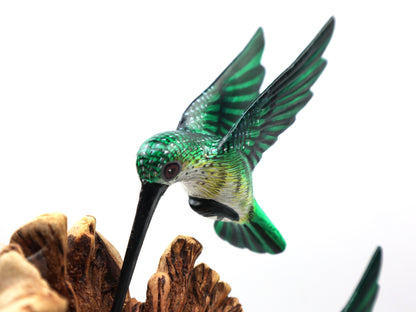 Green Painted Triple Hummingbird Sculpture – Hand-Carved Wooden Bird Art