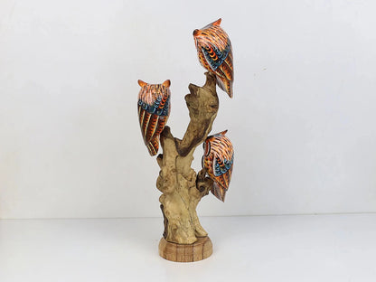 Hand-Carved & Painted Owl Family on Natural Wood Branch - Freestanding Woodland Decor