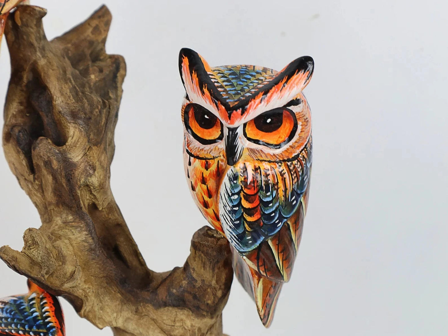 Hand-Carved & Painted Owl Family on Natural Wood Branch - Freestanding Woodland Decor