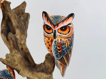 Hand-Carved & Painted Owl Family on Natural Wood Branch - Freestanding Woodland Decor