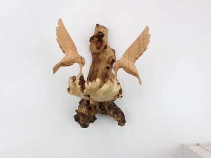 Hand-Carved Wooden Hummingbird Pair Wall Art - Natural Nest & Flower Display