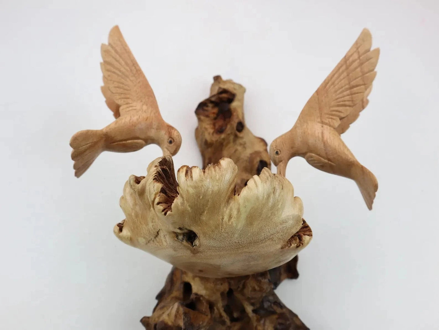 Hand-Carved Wooden Hummingbird Pair Wall Art - Natural Nest & Flower Display