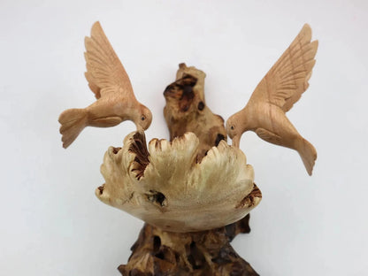 Hand-Carved Wooden Hummingbird Pair Wall Art - Natural Nest & Flower Display
