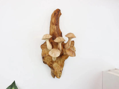Hand-Carved Wooden Mushroom Wall Hanging – Rustic Driftwood Decor from Bali