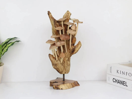 Hand-Carved Mushroom Sculpture on Driftwood Base – Tall Wooden Wall Art from Bali