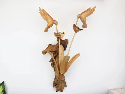 Hand-Carved Wooden Hummingbird Pair Wall Art - Natural Flower & Bird Display