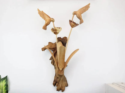 Hand-Carved Wooden Hummingbird Pair Wall Art - Natural Flower & Bird Display