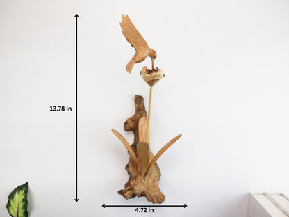 Hand-Carved Wooden Hummingbird & Flower Sculpture - Natural Wall Art Display