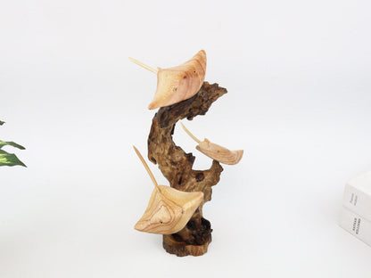 Hand-Carved Wooden Stingray Trio Sculpture on Natural Wood Base - Coastal Home Decor