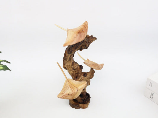 Hand-Carved Wooden Stingray Trio Sculpture on Natural Wood Base - Coastal Home Decor