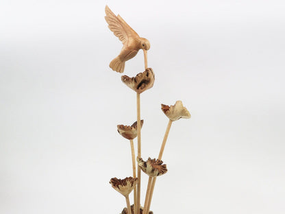 Hand-Carved Wooden Hummingbird & Flower Sculpture - Natural Freestanding Decor