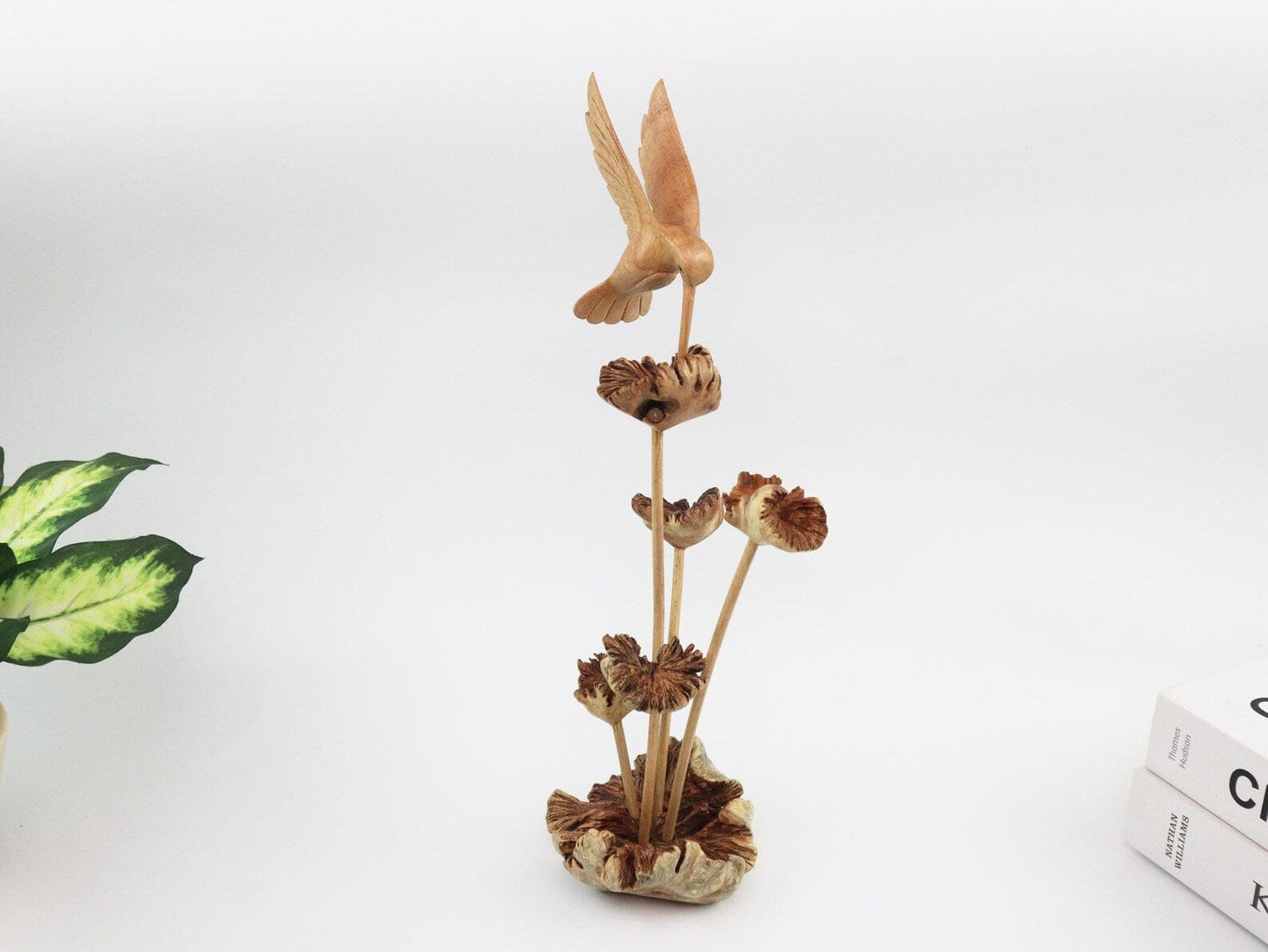 Hand-Carved Wooden Hummingbird & Flower Sculpture - Natural Freestanding Decor