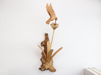 Hand-Carved Wooden Hummingbird & Flower Sculpture - Natural Wall Art Display
