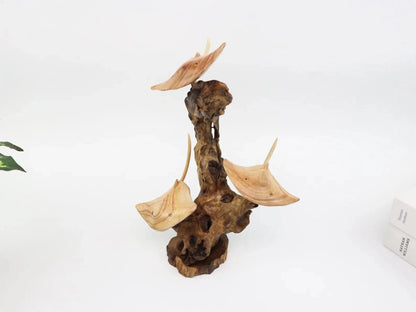 Hand-Carved Wooden Stingray Trio Sculpture on Natural Wood Base - Coastal Home Decor