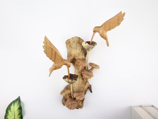 Hand-Carved Wooden Hummingbird & Mushroom Wall Art - Enchanting Nature Decor