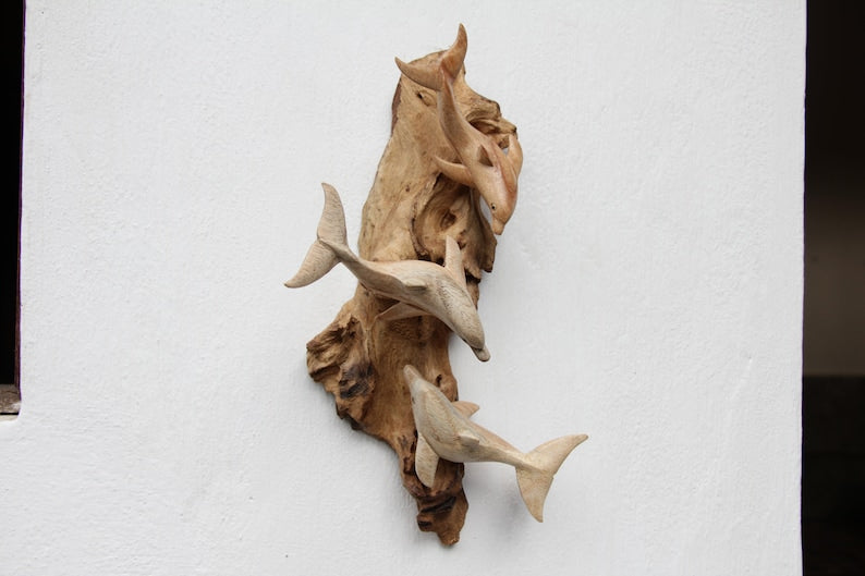 Hand Carved Wood Dolphin Wall Art