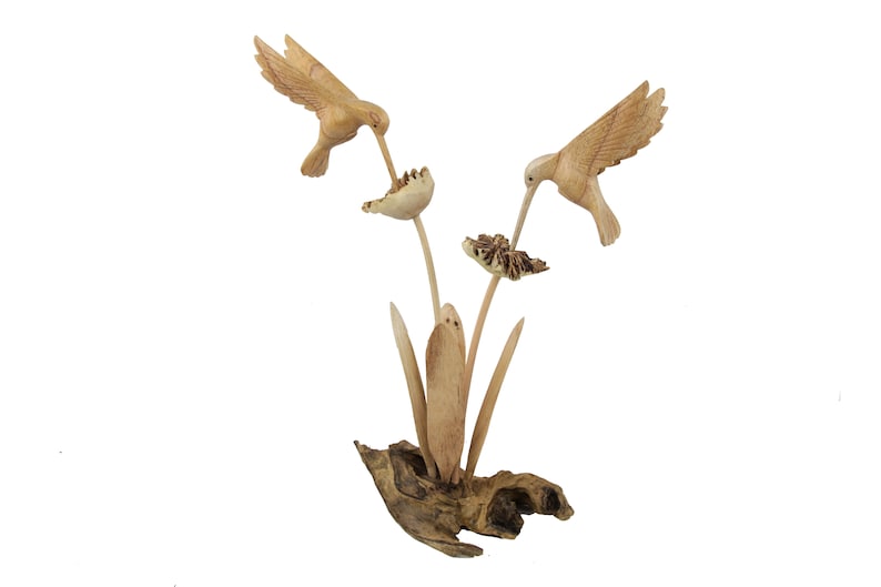 Couple Hummingbird Wooden Sculpture on Flower