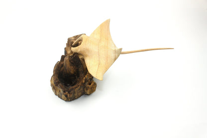Hand-Carved Wooden Manta Ray Sculpture on Natural Wood Base - Coastal Home Decor