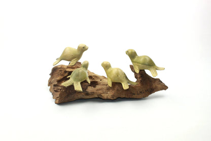 Hand-Carved Wooden Seal Colony Sculpture on Driftwood - Coastal Home Decor