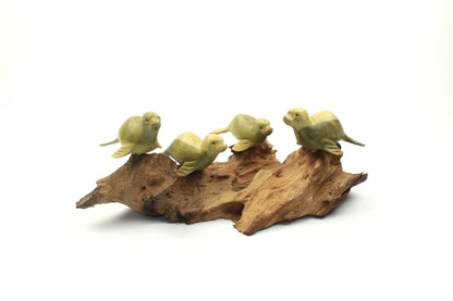 Hand-Carved Wooden Seal Colony Sculpture on Driftwood - Coastal Home Decor