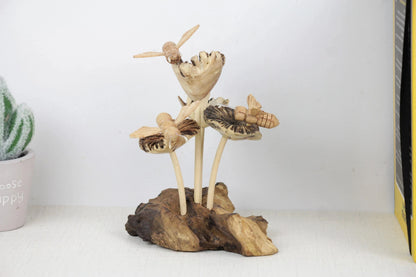 Hand-Carved Wooden Bee Quartet & Flower Sculpture - Freestanding Rustic Decor
