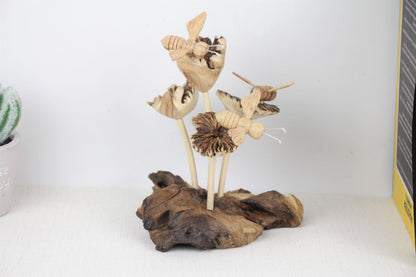 Wooden Bees on Flowers Sculpture, Table Deco, Figurine, Wood Carving, Insect Statue, Nursery Deco, Wedding Gift, Gift For Mom, Handmade Deco