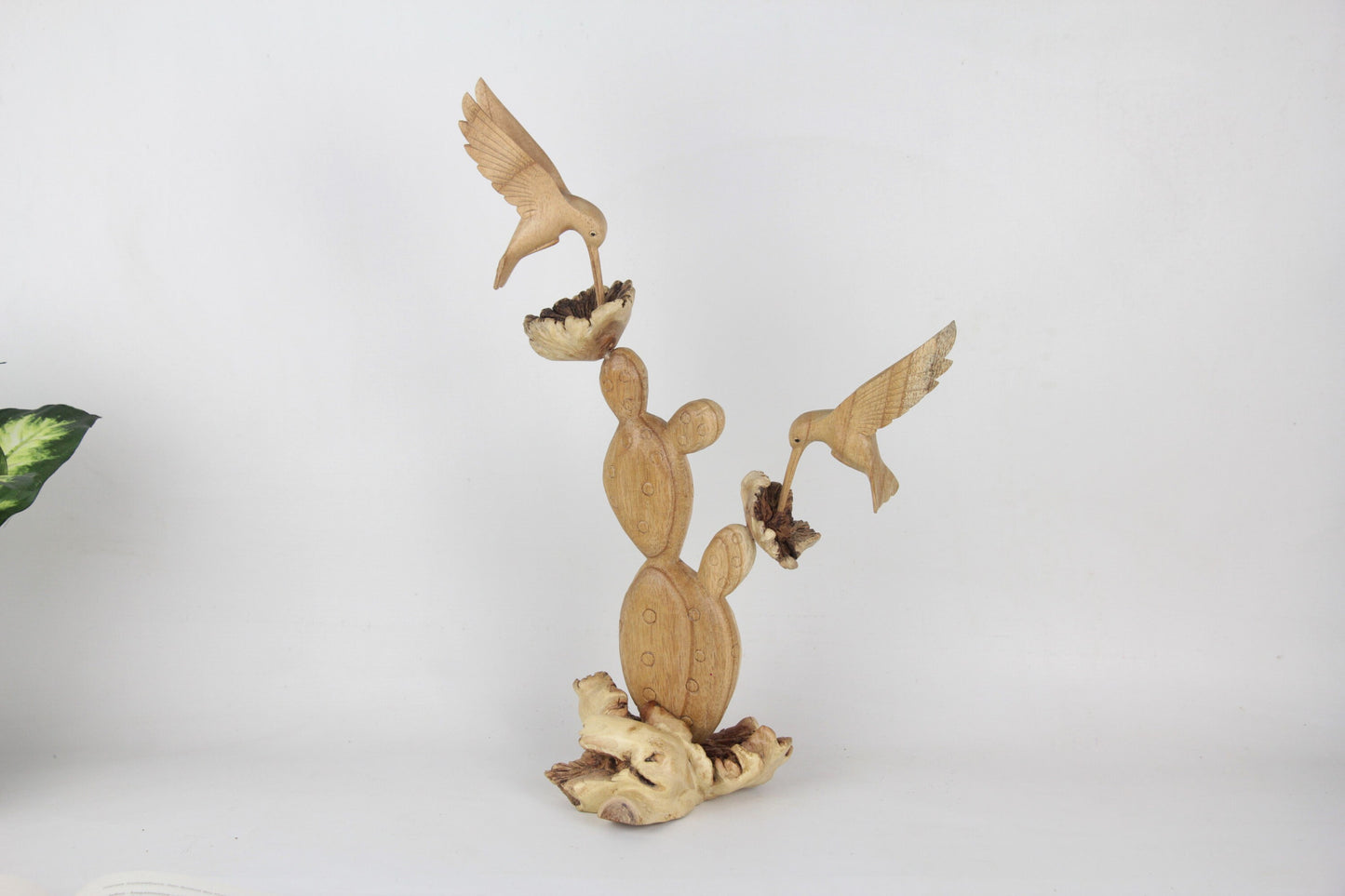 Handmade Wooden Cactus Sculpture with Wooden Hummingbird Decoration | Height 39cm, Cactus Table Deco, Home Deco, Gift For Her, Handmade Gift