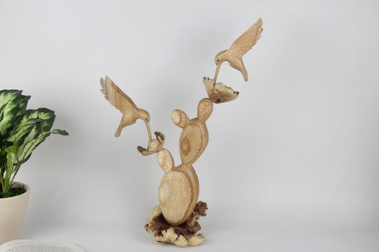 手作りの木製サボテン彫刻と木製のハチドリ飾り | 高さ39cm、サボテンテーブルデコレーション、ホームデコレーション、彼女へのプレゼント、手作りギフト