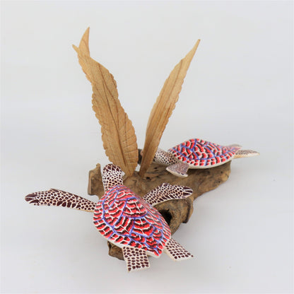 Hand-Carved & Painted Sea Turtle Pair with Seaweed Sculpture - Coastal Home Decor